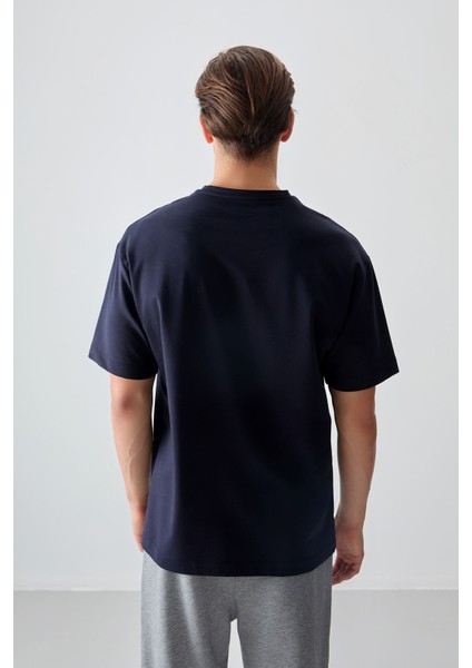 Lacivert Pamuklu Kalın Yumuşak Dokulu Oversize Fit Basic Erkek T-Shirt - 88377