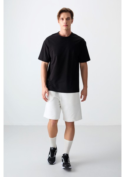 Siyah Pamuklu Kalın Yumuşak Dokulu Oversize Fit Basic Erkek T-Shirt - 88377 fiyatları