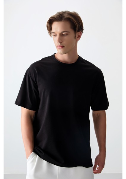 Siyah Pamuklu Kalın Yumuşak Dokulu Oversize Fit Basic Erkek T-Shirt - 88377 indirimleri