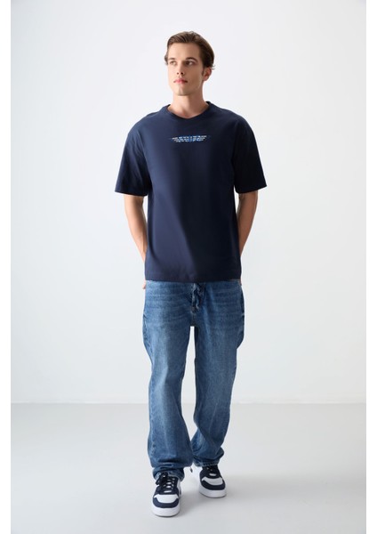 Lacivert %100 Pamuk Kalın Yumuşak Dokulu Oversize Fit Baskılı Erkek T-Shirt - 88356