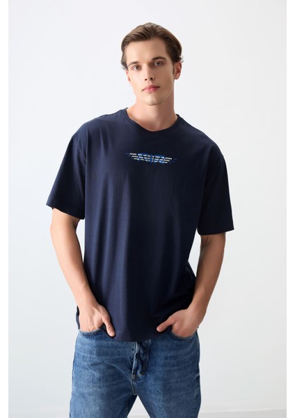 Lacivert %100 Pamuk Kalın Yumuşak Dokulu Oversize Fit Baskılı Erkek T-Shirt - 88356 fiyatları