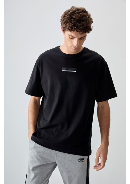 Siyah %100 Pamuk Kalın Yumuşak Dokulu Oversize Fit Baskılı Erkek T-Shirt - 88359