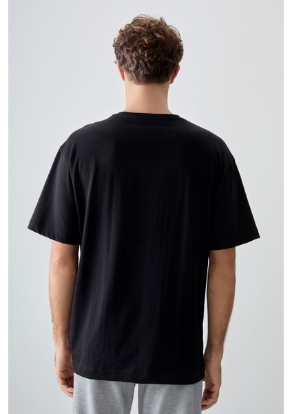 Siyah %100 Pamuk Kalın Yumuşak Dokulu Oversize Fit Baskılı Erkek T-Shirt - 88359