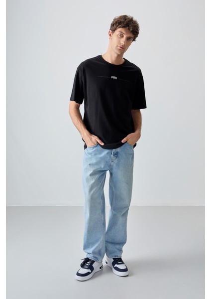 Siyah %100 Pamuk Kalın Yumuşak Dokulu Oversize Fit Baskılı Erkek T-Shirt - 88357