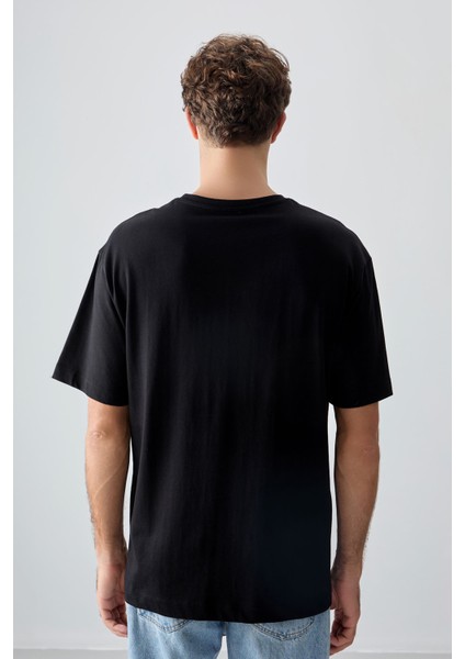 Siyah %100 Pamuk Kalın Yumuşak Dokulu Oversize Fit Baskılı Erkek T-Shirt - 88357
