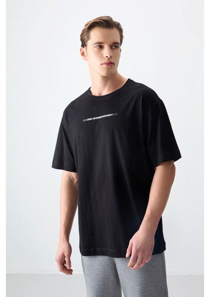 Siyah %100 Pamuk Kalın Yumuşak Dokulu Oversize Fit Baskılı Erkek T-Shirt - 88358