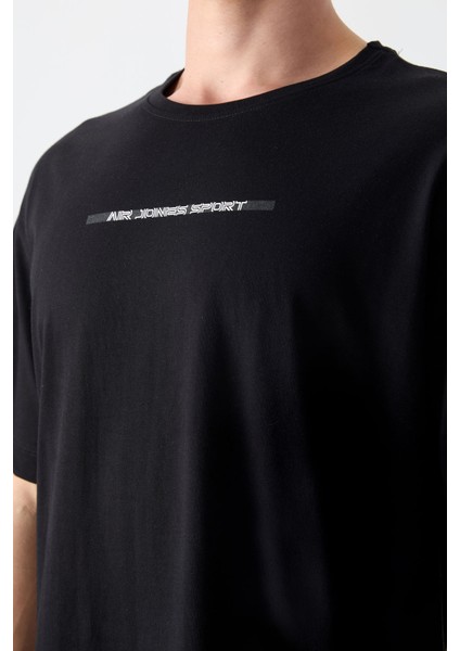Siyah %100 Pamuk Kalın Yumuşak Dokulu Oversize Fit Baskılı Erkek T-Shirt - 88358