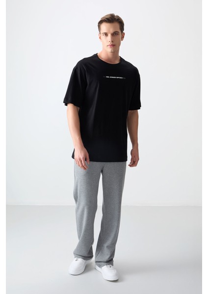 Siyah %100 Pamuk Kalın Yumuşak Dokulu Oversize Fit Baskılı Erkek T-Shirt - 88358