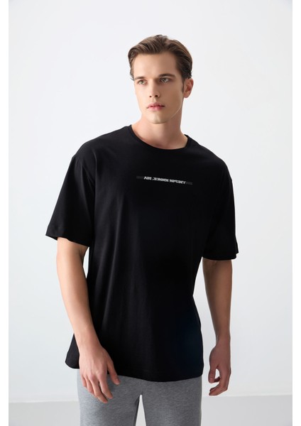 Siyah %100 Pamuk Kalın Yumuşak Dokulu Oversize Fit Baskılı Erkek T-Shirt - 88358