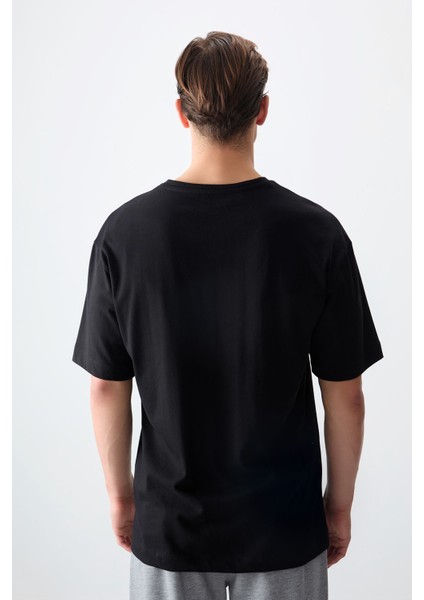 Siyah %100 Pamuk Kalın Yumuşak Dokulu Oversize Fit Baskılı Erkek T-Shirt - 88358