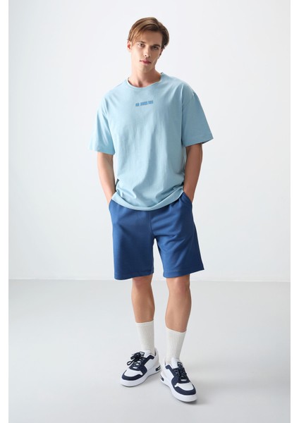 Açık Mavi %100 Pamuk Kalın Yumuşak Dokulu Oversize Fit Baskılı Erkek T-Shirt - 88354