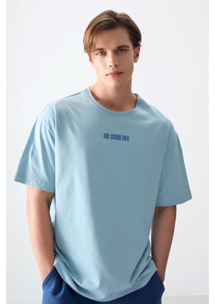 Açık Mavi %100 Pamuk Kalın Yumuşak Dokulu Oversize Fit Baskılı Erkek T-Shirt - 88354
