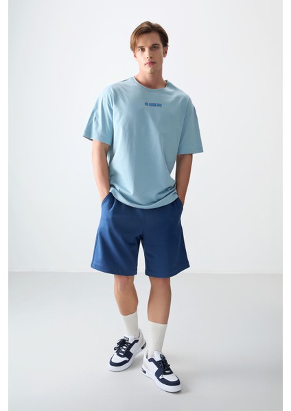 Açık Mavi %100 Pamuk Kalın Yumuşak Dokulu Oversize Fit Baskılı Erkek T-Shirt - 88354