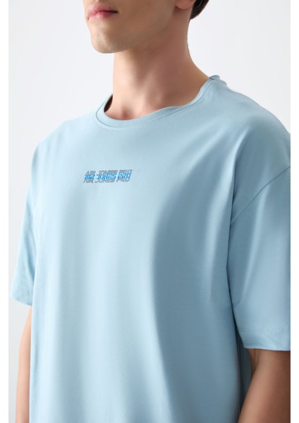 Açık Mavi %100 Pamuk Kalın Yumuşak Dokulu Oversize Fit Baskılı Erkek T-Shirt - 88354