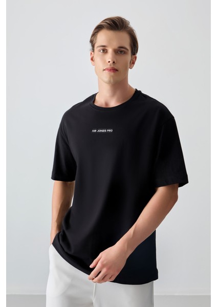 Siyah %100 Pamuk Kalın Yumuşak Dokulu Oversize Fit Baskılı Erkek T-Shirt - 88354