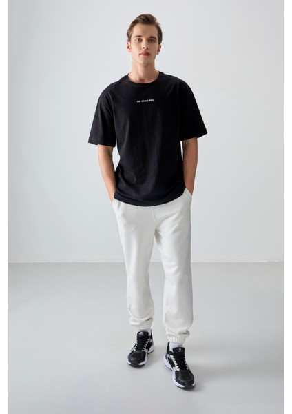 Siyah %100 Pamuk Kalın Yumuşak Dokulu Oversize Fit Baskılı Erkek T-Shirt - 88354