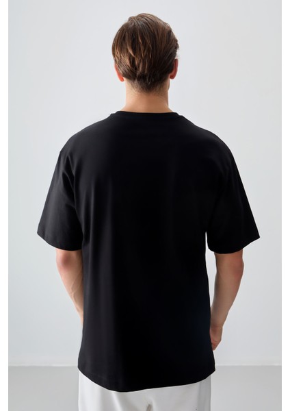Siyah %100 Pamuk Kalın Yumuşak Dokulu Oversize Fit Baskılı Erkek T-Shirt - 88354