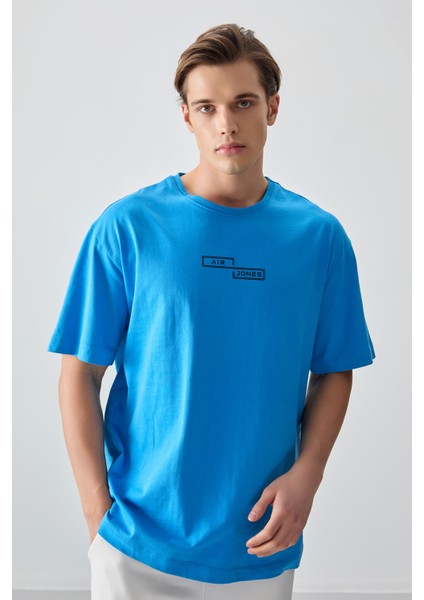Petrol Mavi %100 Pamuk Kalın Yumuşak Dokulu Oversize Fit Baskılı Erkek T-Shirt - 88361