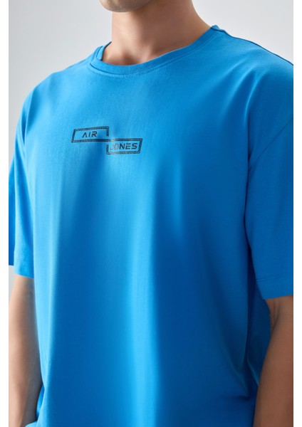 Petrol Mavi %100 Pamuk Kalın Yumuşak Dokulu Oversize Fit Baskılı Erkek T-Shirt - 88361