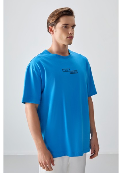 Petrol Mavi %100 Pamuk Kalın Yumuşak Dokulu Oversize Fit Baskılı Erkek T-Shirt - 88361