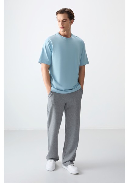 Açık Mavi %100 Pamuk Kalın Yumuşak Dokulu Oversize Fit Basic Erkek T-Shirt - 88353