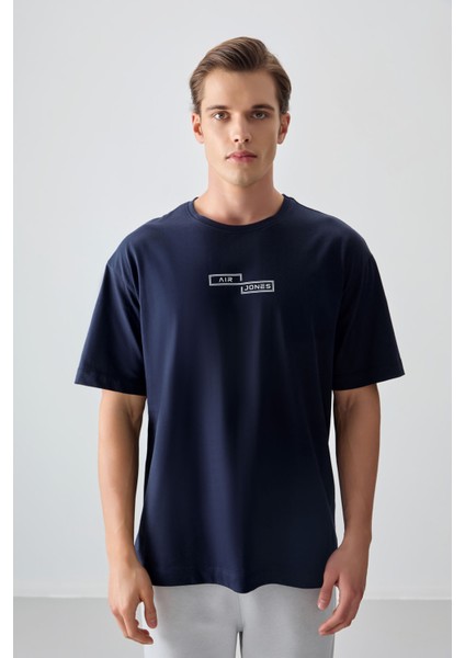 Lacivert %100 Pamuk Kalın Yumuşak Dokulu Oversize Fit Baskılı Erkek T-Shirt - 88361