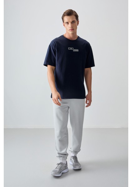 Lacivert %100 Pamuk Kalın Yumuşak Dokulu Oversize Fit Baskılı Erkek T-Shirt - 88361