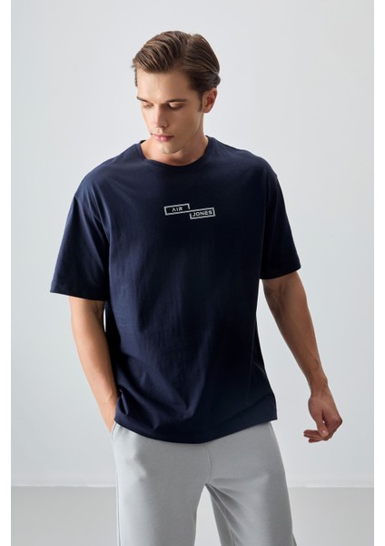 Lacivert %100 Pamuk Kalın Yumuşak Dokulu Oversize Fit Baskılı Erkek T-Shirt - 88361
