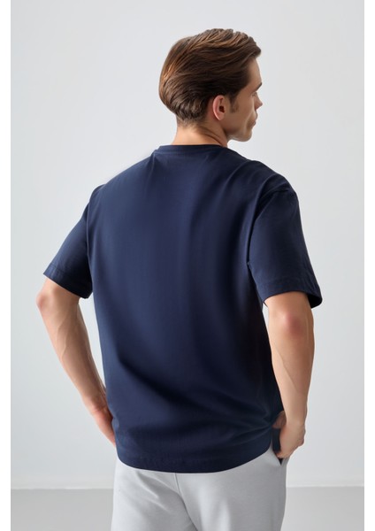 Lacivert %100 Pamuk Kalın Yumuşak Dokulu Oversize Fit Baskılı Erkek T-Shirt - 88361