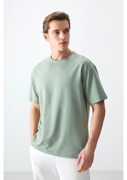 Açık Yeşil Pamuklu Kalın Yumuşak Dokulu Oversize Fit Basic Erkek T-Shirt - 88377
