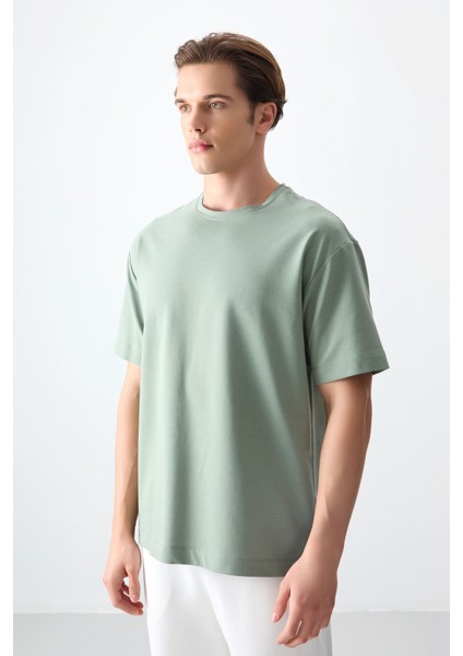 Açık Yeşil Pamuklu Kalın Yumuşak Dokulu Oversize Fit Basic Erkek T-Shirt - 88377