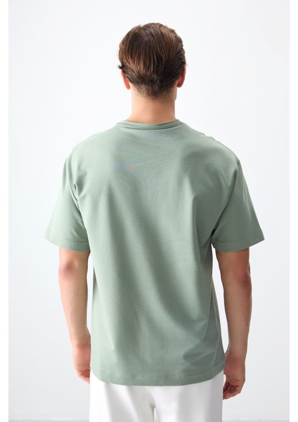 Açık Yeşil Pamuklu Kalın Yumuşak Dokulu Oversize Fit Basic Erkek T-Shirt - 88377