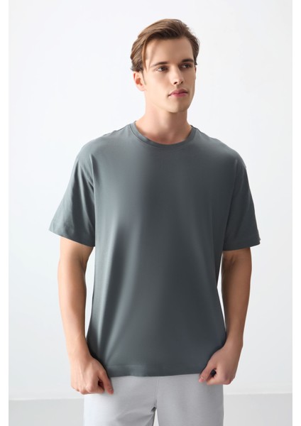 Haki %100 Pamuk Kalın Yumuşak Dokulu Oversize Fit Basic Erkek T-Shirt - 88353