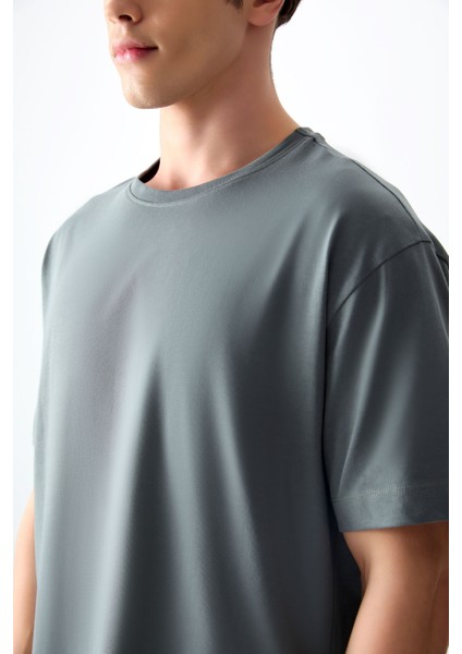 Haki %100 Pamuk Kalın Yumuşak Dokulu Oversize Fit Basic Erkek T-Shirt - 88353