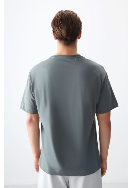 Haki %100 Pamuk Kalın Yumuşak Dokulu Oversize Fit Basic Erkek T-Shirt - 88353