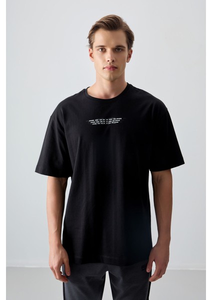 Siyah %100 Pamuk Kalın Yumuşak Dokulu Oversize Fit Baskılı Erkek T-Shirt - 88356
