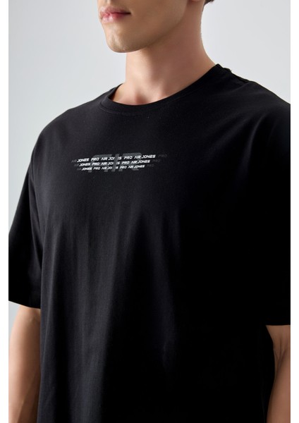 Siyah %100 Pamuk Kalın Yumuşak Dokulu Oversize Fit Baskılı Erkek T-Shirt - 88356