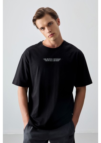 Siyah %100 Pamuk Kalın Yumuşak Dokulu Oversize Fit Baskılı Erkek T-Shirt - 88356