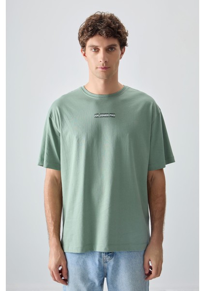 Açık Yeşil %100 Pamuk Kalın Yumuşak Dokulu Oversize Fit Baskılı Erkek T-Shirt - 88355