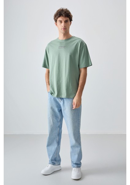 Açık Yeşil %100 Pamuk Kalın Yumuşak Dokulu Oversize Fit Baskılı Erkek T-Shirt - 88355 fiyatları