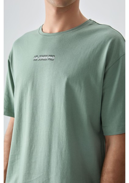 Açık Yeşil %100 Pamuk Kalın Yumuşak Dokulu Oversize Fit Baskılı Erkek T-Shirt - 88355 modelleri