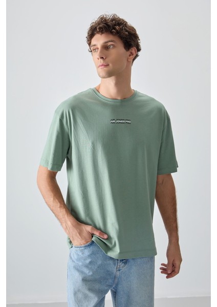 Açık Yeşil %100 Pamuk Kalın Yumuşak Dokulu Oversize Fit Baskılı Erkek T-Shirt - 88355 fırsatları