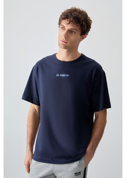 Lacivert %100 Pamuk Kalın Yumuşak Dokulu Oversize Fit Baskılı Erkek T-Shirt - 88354