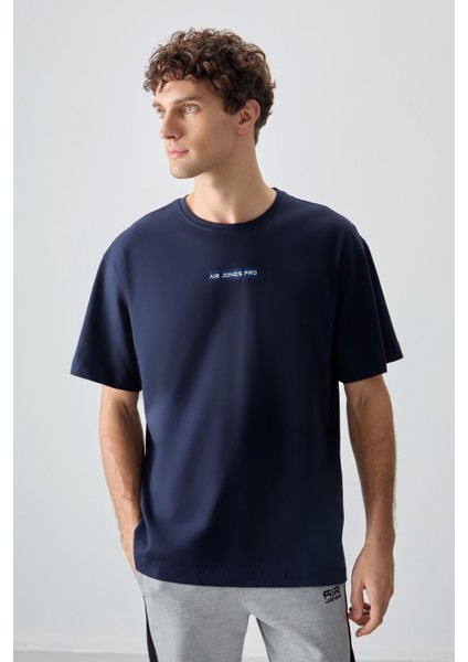 Lacivert %100 Pamuk Kalın Yumuşak Dokulu Oversize Fit Baskılı Erkek T-Shirt - 88354