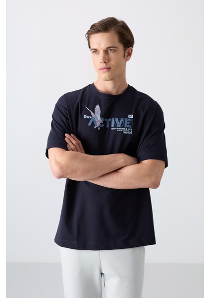 Lacivert Pamuklu Kalın Yumuşak Dokulu Oversize Fit Baskılı Erkek T-Shirt - 88344