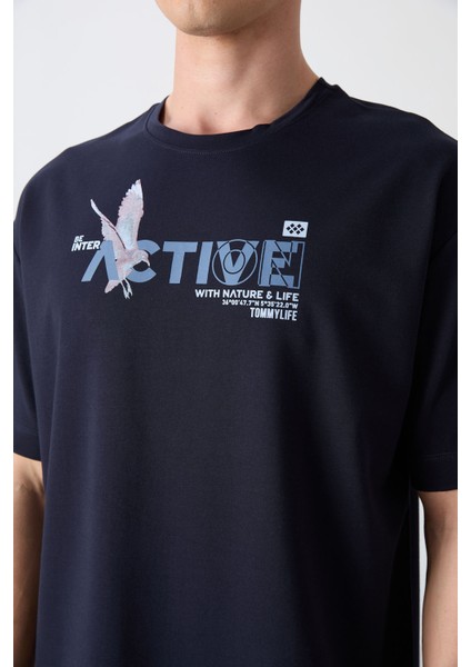 Lacivert Pamuklu Kalın Yumuşak Dokulu Oversize Fit Baskılı Erkek T-Shirt - 88344
