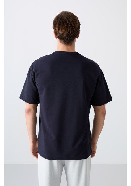Lacivert Pamuklu Kalın Yumuşak Dokulu Oversize Fit Baskılı Erkek T-Shirt - 88344