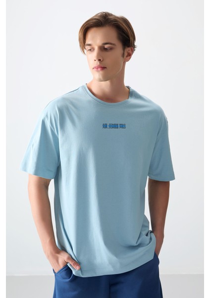 Açık Mavi %100 Pamuk Kalın Yumuşak Dokulu Oversize Fit Baskılı Erkek T-Shirt - 88354