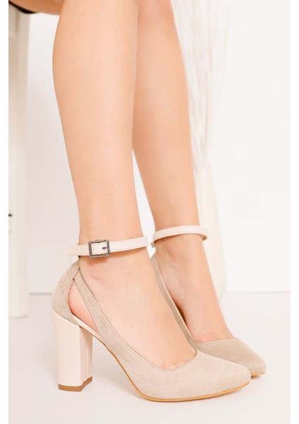 Krem Süet Topuk Boyu 9 Cm Kadın Topuklu Ayakkabı modelleri