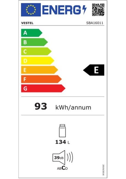 SBA16011 134 Lt E Enerji Sınıfı Statik Soğutucu Ankastre Buzdolabı